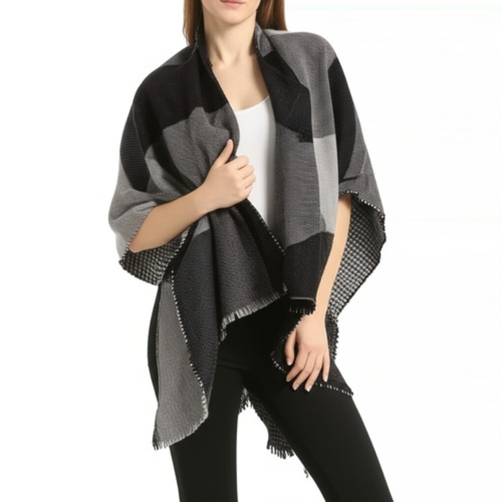 LOVE/STITCH Black Grey Plaid Checkered Frayed Reversible Wrap Poncho ONE SIZE
